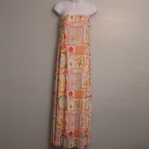 See you Monday size XL women's maxi multicolor vegeable print strapless dress.